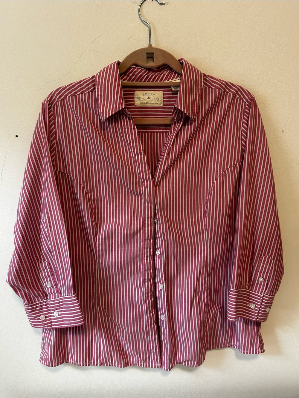 Vintage Lee Women’s Pink and White Striped Button-Down Shirt